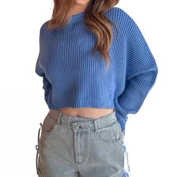 Wild fable boxy crop crewneck knit sweater lapis blue - Picture 1 of 8